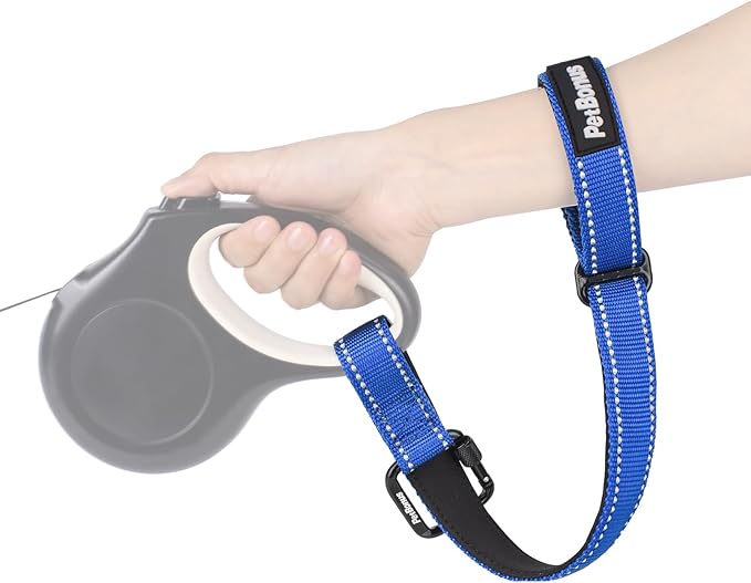PetBonus Dog Leash Wrist Strap, Safety Strap for Retractable Leash, Lockable Reflective Short Dog Walking Lead with Adjustable Soft Padded Handle, Extra Layer Security for Pet Stroller (Blue)