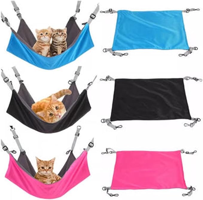 Adjustable Cage Hanging Cat Hammock, 4-Season 2-Sided Bed, Adjustable Waterproof Washable Cooling Mat for Large Kittens,Small Dogs & Rabbits (Black)