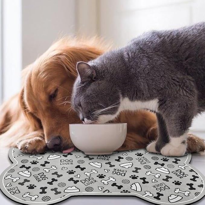 Dog Food Mats for Floors Waterproof, Pet Feeding Absorbent Water Bowl Mat Cat Placemats Gray Bone Shape 25.5 * 17 inch