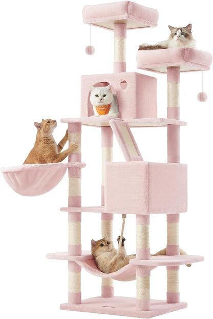 Feandrea Cat Tree, 66.1-Inch Large Cat Tower, Multi-Level Plush Condo with 13 Scratching Posts, 2 Perches, 2 Caves, Basket, Hammock, Pompoms, Jelly Pink UPCT165P01