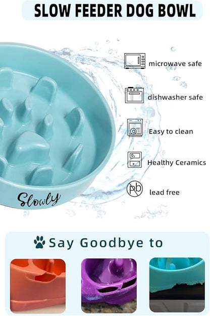 Slow Feeder Dog Bowls, Farmhouse Ceramic Fun Slow Eater Bowl for Perfect for Medium Sized Dogs Turquoise