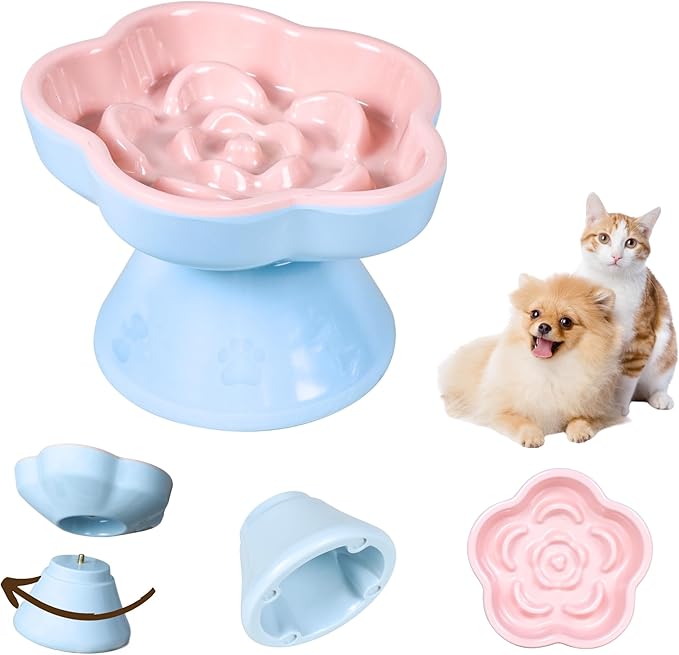 Detachable Slow Feeder Cat Bowl, Melamine Elevated Cat Bowls - Heavy Weighted, Tilted Raised Slow Feeder, Non-Slip Small Dogs Slow Feeders Bowl, Dry & Wet Food, Whisker Friendly(Pink, 5.8"