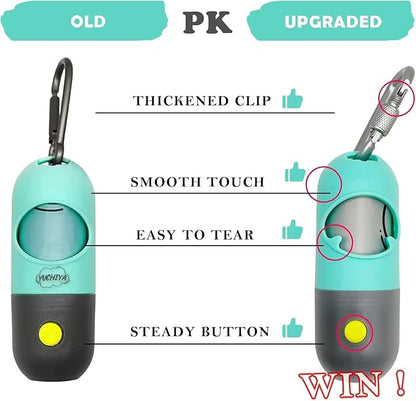 Dog Poop Bags Holder with LED Flashlight|Pet Waste Bags Dispenser for Leash|Doggie Potty Bags Container with Leak-proof Pet Trash Bags and Accessories (1 Holder 195 Bags, Mint Green)