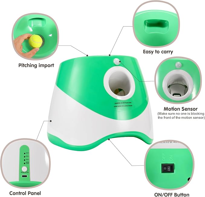 Automatic Dog Ball Launcher – Interactive Dog Toy for Small & Medium Dogs | Include 6 Balls, USB Charging Cable & Adjustable Distance |Hands-Free Fetch Machine for Indoor & Outdoor Play(Green)