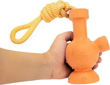 Funny Dog Toy Chew Rubber Tug-A-War Dog Toy - Built for Sized Medium to Large Dogs - Ideal Gift for Dog Birthday - Orange Body with Yellow Rope
