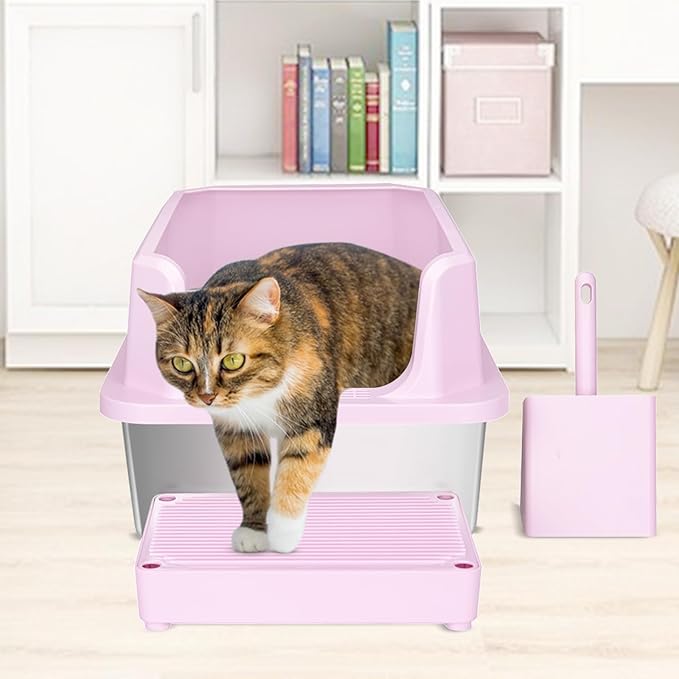 RIZZARI Open Cat Litter Box: Large Pink Stainless Steel Litter Pan with Teflon Non-Stick Coating - High Sided Splash-Proof Easy Clean Toilet for Cats up to 20 lbs - Ideal for Living Rooms - Apartments