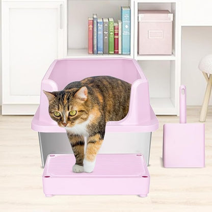 RIZZARI Open Cat Litter Box: Large Pink Stainless Steel Litter Pan with Teflon Non-Stick Coating - High Sided Splash-Proof Easy Clean Toilet for Cats up to 20 lbs - Ideal for Living Rooms - Apartments