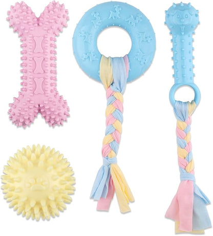 4PCS Puppy Teething Toys Set for Small Breeds, Soft Rubber Chew Rings & Durable Rope Toys for Teething Relief, Interactive Play & Dental Health(Style 15)