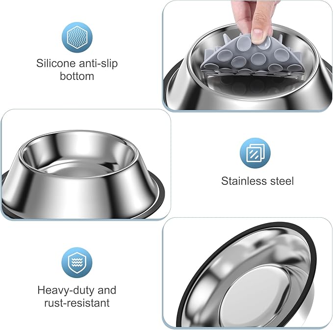 2-in-1 Metal Dog Bowl with Slow Feeder Insert, Food Grade 304 Slow Feeder Dog Bowls, Non-Slip Bottom, Pet Slower Food Feeding Bowls for Increases Feeding Time, Reduces Digestive Problems (L)