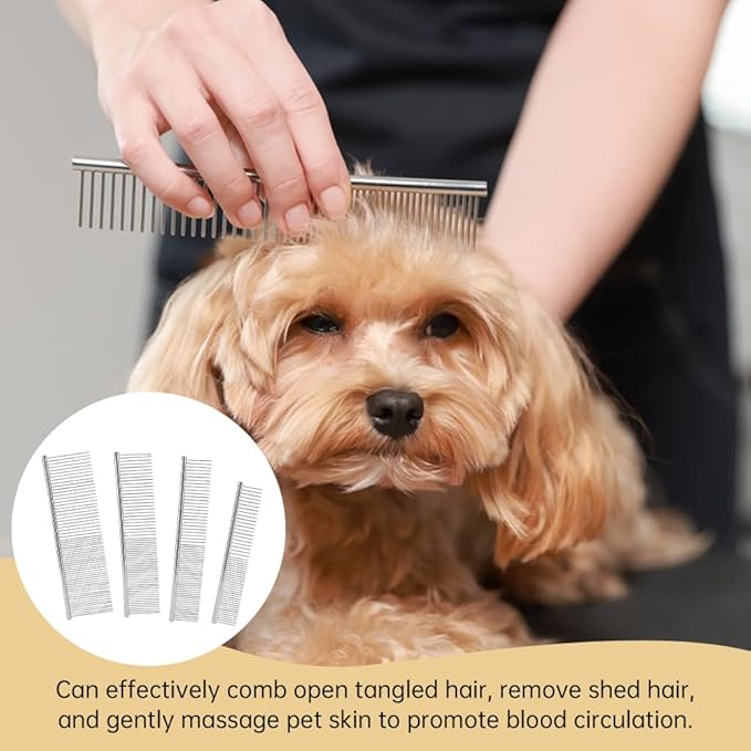 4Pcs Stainless Steel Dog Combs for Grooming Matting, Metal Dog Grooming Combs with Rounded Teeth, Pet Tear Stain Remover Finishing Comb Removing Tangles Knots
