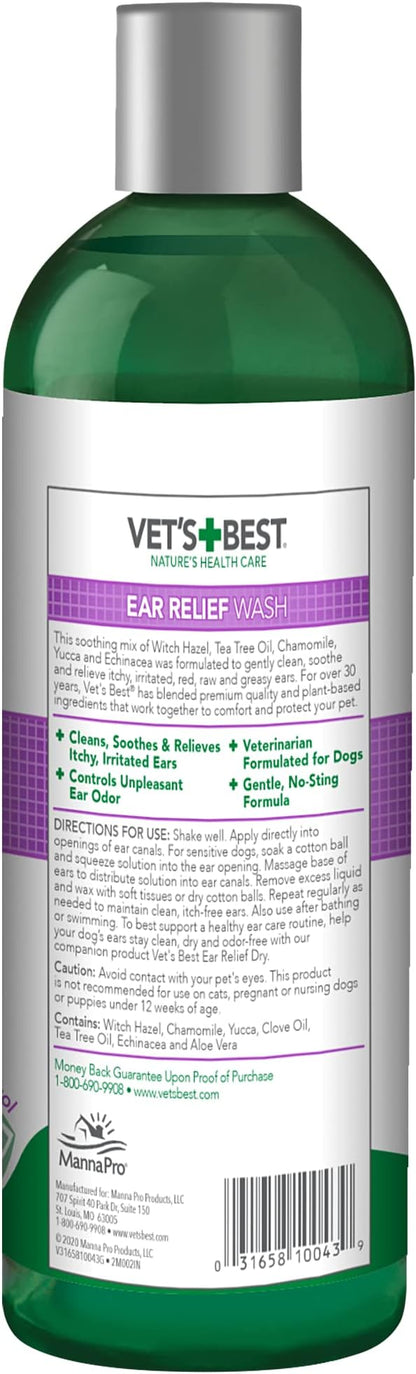 Vet's Best Dog Ear Relief Wash - Alcohol-Free No-Sting Formula - Controls Odors & Itching - Cleans Wax & Debris - 16 Ounces