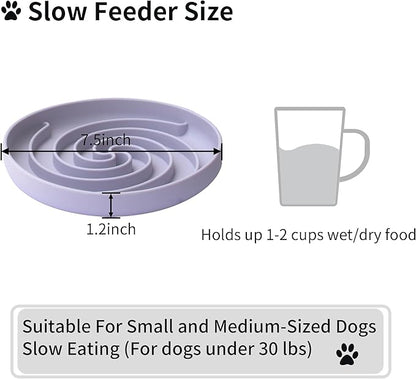Slow Feeder Dog Bowls, Dishwasher Microwave Safe Silicone Puppy Puzzle Bowl with Non-Slip Design for Eating (White and Purple)