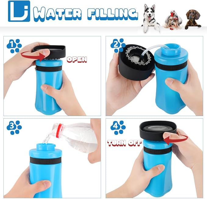 Linkidea Portable Dog Water Bottle, 17oz, Fits Car Cup Holder, Leakproof, Collapsible, Blue
