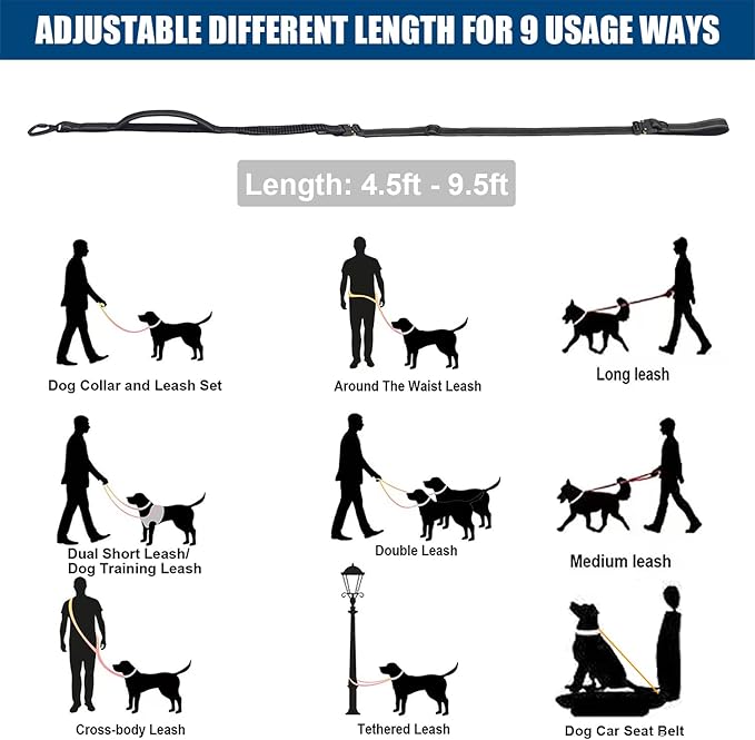 Heavy Duty No-Pull Dog Leash, 9.5ft Hands-Free Waist & Crossbody Bungee Leash with Adjustable Belt, Detachable Car Seat Belt & Reflective Strip for Large Medium Dogs, Black