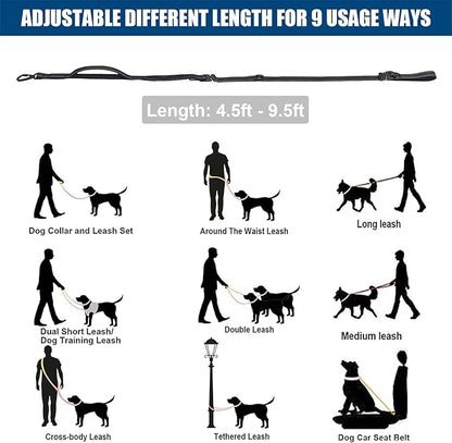Heavy Duty No-Pull Dog Leash, 9.5ft Hands-Free Waist & Crossbody Bungee Leash with Adjustable Belt, Detachable Car Seat Belt & Reflective Strip for Large Medium Dogs, Black