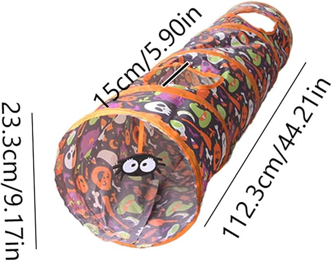 Halloween Cat Tunnel with Toys Set, Gothic Interactive Kitten Toy for Indoor Cats Kitty, Kitten Tube Tent, Feather Wand Teaser Bell Fuzzy Ball Springs Mouse for Small Animals (A, 23.3X15X112.3CM)