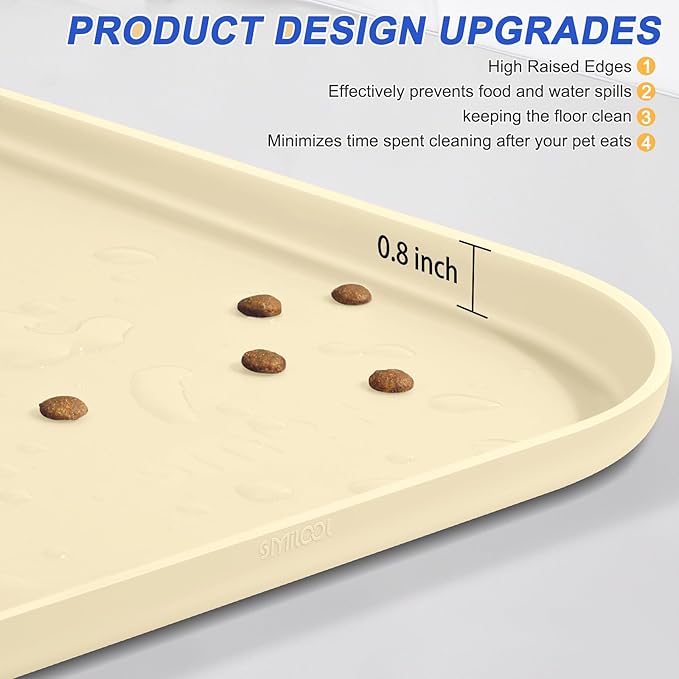 Silicone Pet Feeding Mat with Raised Edge for Food and Water, Dog Bowl Mats, Cat Bowls Placemat with High Lip for Floor Waterproof, Rubber Tray for Cats and Dogs 24 x 16 x 0.8 White Sand (Yellow Cast)