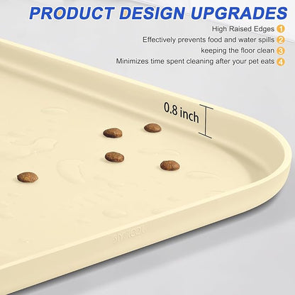 Silicone Pet Feeding Mat with Raised Edge for Food and Water, Dog Bowl Mats, Cat Bowls Placemat with High Lip for Floor Waterproof, Rubber Tray for Cats and Dogs 24 x 16 x 0.8 White Sand (Yellow Cast)