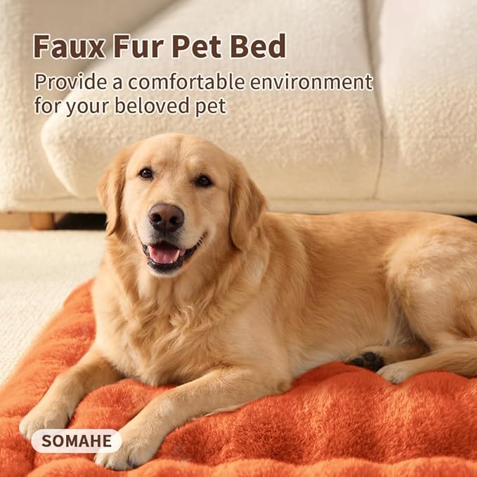 Large Dog Bed Mat, Extra Large Plush Faux Fur Washable Pet Bed for Large Dogs, Non-Slip Fluffy Dog Mat – Machine Washable XL Dog Sleeping Pad for Large Breeds, 35 x 27 Inch Orange