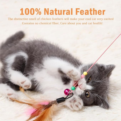 6 Pack Cat Feather Toy, Cat Toys Wand, Interactive Pet Cat Kitten Chaser Teaser Wire Wand with Bell Beads for Cat Exercise Play Fun Gifts - Wholesale