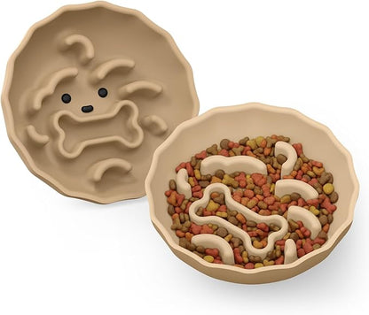 Slow Feeder Dog Bowls Made of Premium Food-Grade Silicone, Anti-Choking & Slow Eating for Improved Digestion, Non-Slip, Soft & Durable (Brown, Doggy)