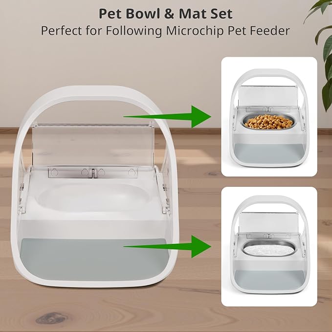 Stainless Steel Bowl for Automatic Microchip Cat Pet Feeder, Sealing Ring Design for Keeping Food Fresh and Reducing Odor, SUS 304, Easy to Clean, 2 Bowl & 1 Mat Set