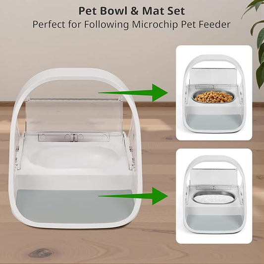 Stainless Steel Bowl for Automatic Microchip Cat Pet Feeder, Sealing Ring Design for Keeping Food Fresh and Reducing Odor, SUS 304, Easy to Clean, 2 Bowl & 1 Mat Set