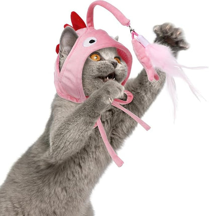 POPETPOP Pet Cat Teaser Toy, Cat Feather Toys Head Mounted Cat Headgear Interactive Cat Hat Feather Toy Self-Service Adjustable Size Cat Hat Toy 2Pcs