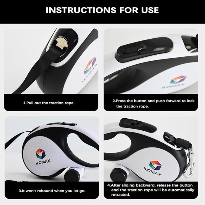 ILOMAX 360° Tangle-Free Retractable Dog Leash Built-in Waste Bag Dispenser Under Handle 2 Rolls Poop Bags Included Heavy Duty Tape Leash for Dogs up to 30kg Carry Pouch Included.16ft (White, L)
