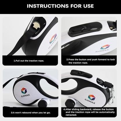 ILOMAX 360° Tangle-Free Retractable Dog Leash Built-in Waste Bag Dispenser Under Handle 2 Rolls Poop Bags Included Heavy Duty Tape Leash for Dogs up to 30kg Carry Pouch Included.16ft (White, L)
