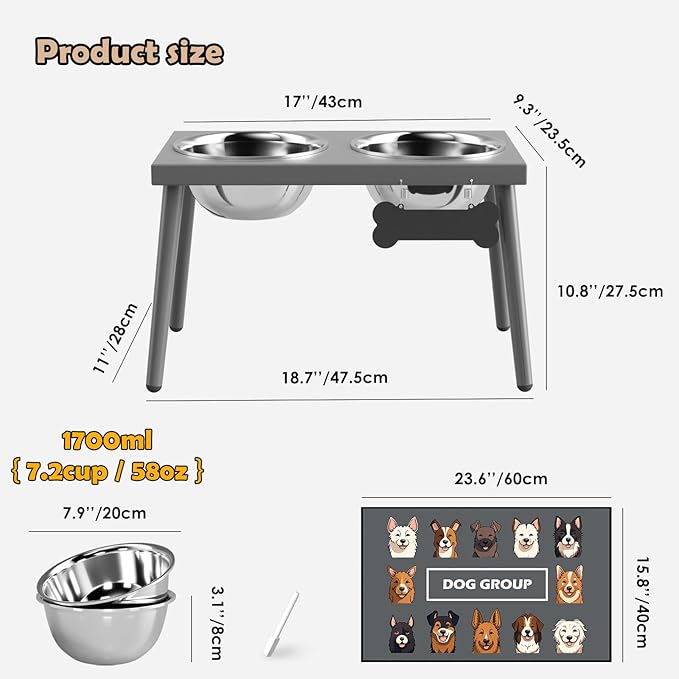 Raised Dog Bowl Stand for Large Dogs, 10” Tall Elevated Feeder with Spill-Proof Mat, Stainless Steel 58OZ Bowls for Food & Water, Gray Color (Mat Size: 16x24”)