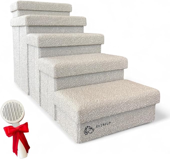 5-Step Dog Stairs for Small, Medium Dogs with Storage Box - Durable Folding Pet Steps, Padded Lid and Container; Dog Steps for Bed and Couch + Hair Brush Gift (Off White, Large, 5.0)