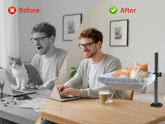 L&W BROS. Cat Desk Bed – Clamp-On Desk Cat Hammock with 360° Rotating Arm, Adjustable Height Cat Perch for Desk, Heavy Duty Metal Frame, Dual-Sided Washable Cover, Holds Up to 35LB