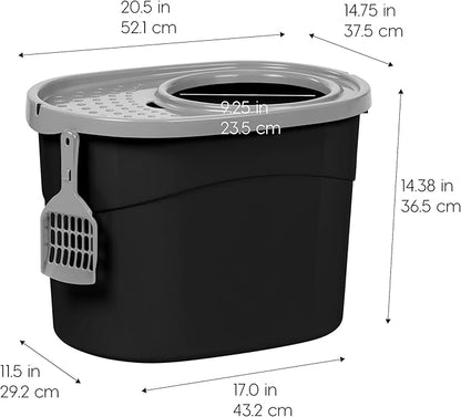 IRIS USA Large Top Entry Cat Litter Box with Lid Enclosed Covered Hooded Design Litter Catching Scatter Shield Pan Dog Proof Pet Proof Scoop Included Odor Control for Indoor Cats Kittens Black/Gray