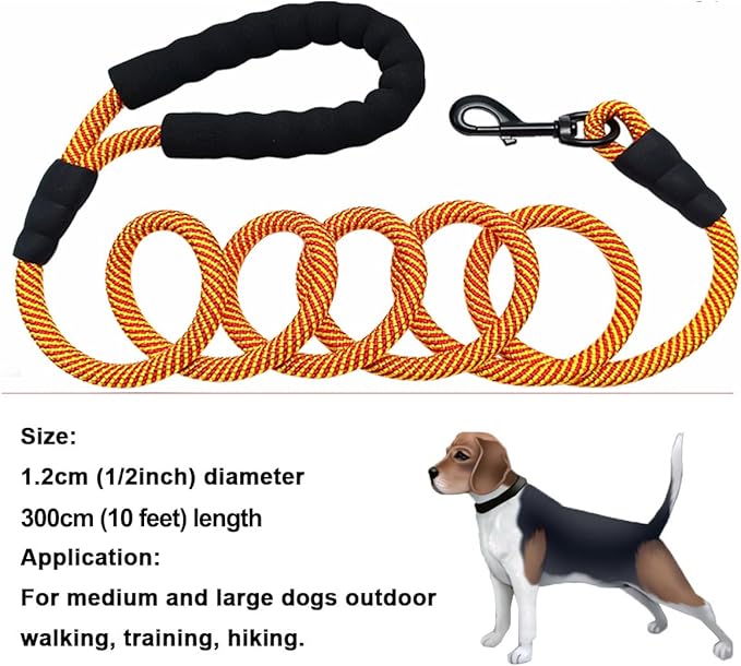 MayPaw Heavy Duty Rope Dog Leash, 6/8/10FT Nylon Pet Leash, Soft Padded Handle Thick Lead Leashes for Large Medium Dogs Walking Jogging (1/2" * 10', Orange)