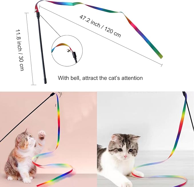 Cat Teaser Wand Set for Indoor Cats (13 Pack) - Retractable with Feather Refills, Interactive Toy to Boost Exercise & Relieve Boredom