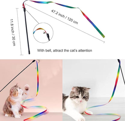 Cat Teaser Wand Set for Indoor Cats (13 Pack) - Retractable with Feather Refills, Interactive Toy to Boost Exercise & Relieve Boredom