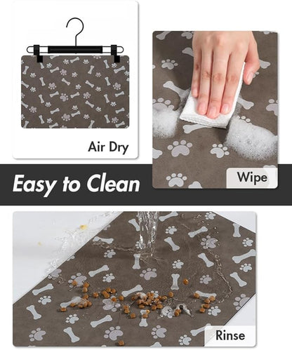 MontVoo Dog Food Mat-Pet Feeding Mat for Food and Water-No Stains Quick Dry Dispenser Cat Bowl Mat for Messy Drinkers(17"x28" Brown)