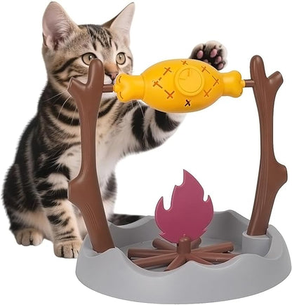 Cat Slow Feeder, Interactive Cat Puzzle Toy Treat Dispenser - BBQ Campfire Grill Design, Adjustable Rotating Roast Fish Flame Mental Stimulation Food Dispensing Toy for Indoor Cats Kittens