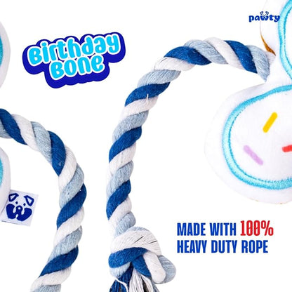 PAWTY Birthday Bone Dog Toy - Funny Interactive Tug Rope Squeaky Dog Birthday Gift - Plush White Bone Toy for Small Medium Dogs - Dog Birthday Party Supplies