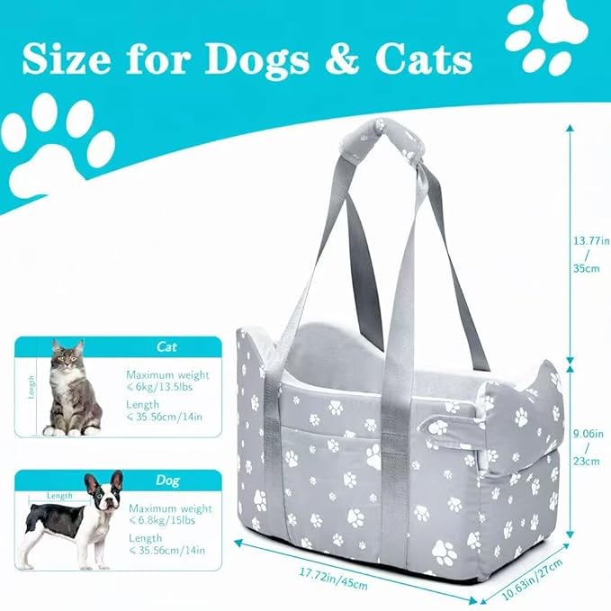 Cullaby Center Console Dog Car Booster Seat for Small Dogs 0-15 lbs - Grey Pet Travel Carrier Safety Leash, Detachable Seat Belt & Storage Pockets