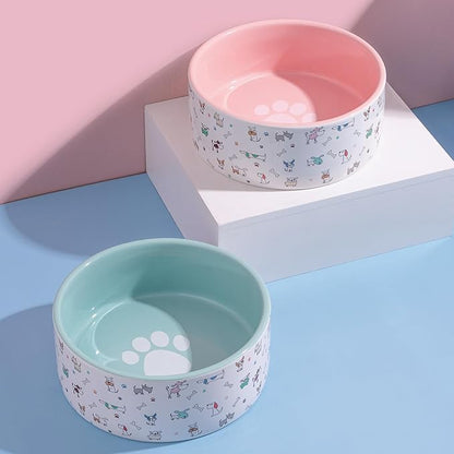 Fun Elements Ceramic Dog Bowls, Large Sized 64 Fl Oz Heavy Food and Water Bowl for Medium Dogs with Adorable Patterns (Large, Pink)