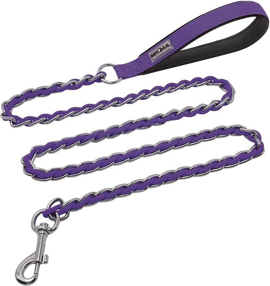 Chain Dog Leash Chew Proof Metal Leash for Medium Large Dogs, Chain Link Dog Anti Chew 5.2FT / 4FT Strong Anti Bite Comfortable Soft Padded Handle (Purple, 4FT（30-80lb）)