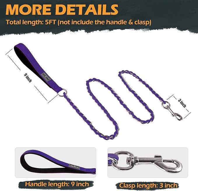 Chain Dog Leash Chew Proof Metal Leash for Medium Large Dogs, Chain Link Dog Anti Chew 5.2FT / 4FT Strong Anti Bite Comfortable Soft Padded Handle (Purple, 4FT（80-150lb）)