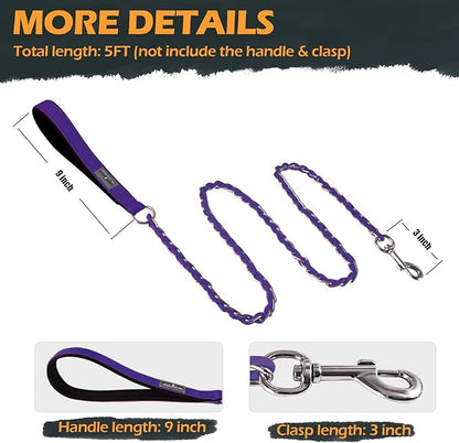 Chain Dog Leash Chew Proof Metal Leash for Medium Large Dogs, Chain Link Dog Anti Chew 5.2FT / 4FT Strong Anti Bite Comfortable Soft Padded Handle (Purple, 4FT（80-150lb）)
