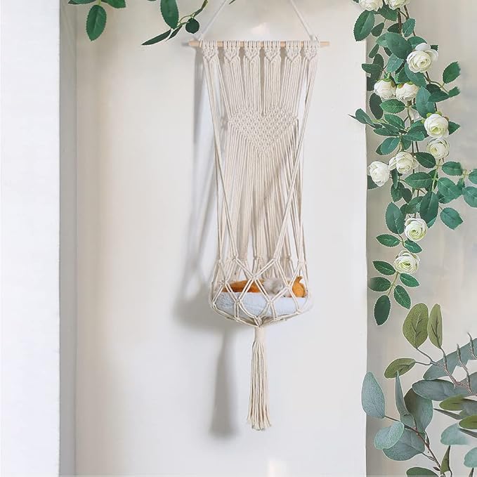 Hanging Macrame Cat Hammock Bed, Hanging Cat Bed, Boho Wall Hanging Cat Hammock for Indoor Outdoor Home Decor, Swing Bed for Cat Small Dog Sleeping Playing Climbing