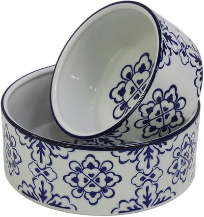 Vintage Blue & White Ceramic Large Dog Bowl - 8'' Dog Food Water Bowl for Medium and Large Dogs Breed, Heavy Duty Non-Slip Dish, Modern Pet Feeder Bowl, Dishwasher Safe-57 fl OZ
