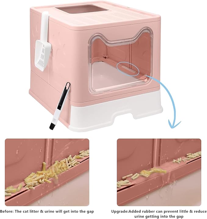Foldable Cat Litter Box with Lid, Enclosed Potty, Large Top Entry Anti-Splashing Toilet, Easy to Clean Including Litter Scoop and 2-in-1 Cleaning Brush (Pink)