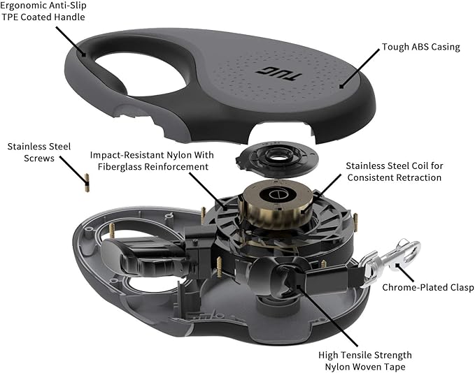 TUG 360° Tangle-Free Retractable Dog Leash with Waste Bag Dispenser (Large, Grey)