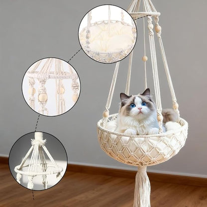 Cat Hammock Bed, 12x43Inch Handwoven Hanging Boho Cat Bed with Hanging Kit for Indoor Outdoor Home Decor Ceiling Swing for Playing Sleeping Climbing and Lounging, Wall Furniture (Round+Pad)